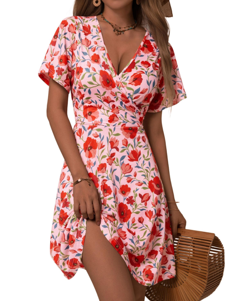 Women's floral wrap dress — V-neck a-line with ruffle sleeves for summer