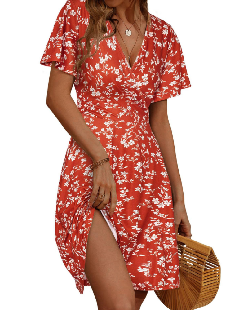 Women's floral wrap dress — V-neck a-line with ruffle sleeves for summer