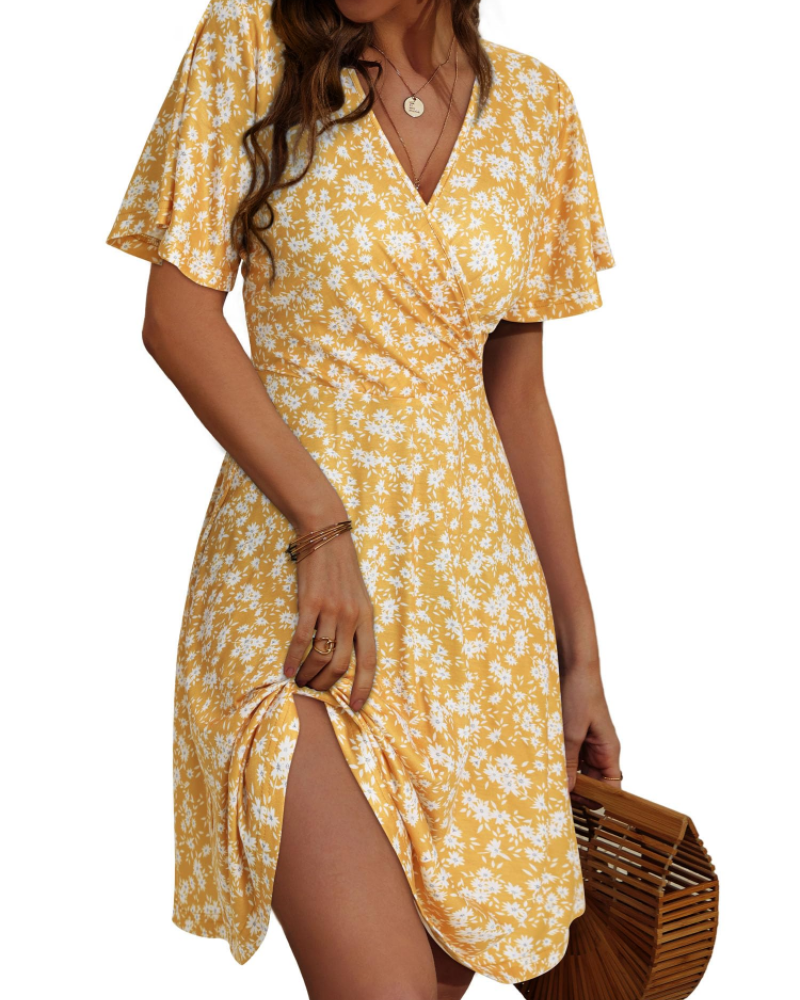 Women's floral wrap dress — V-neck a-line with ruffle sleeves for summer