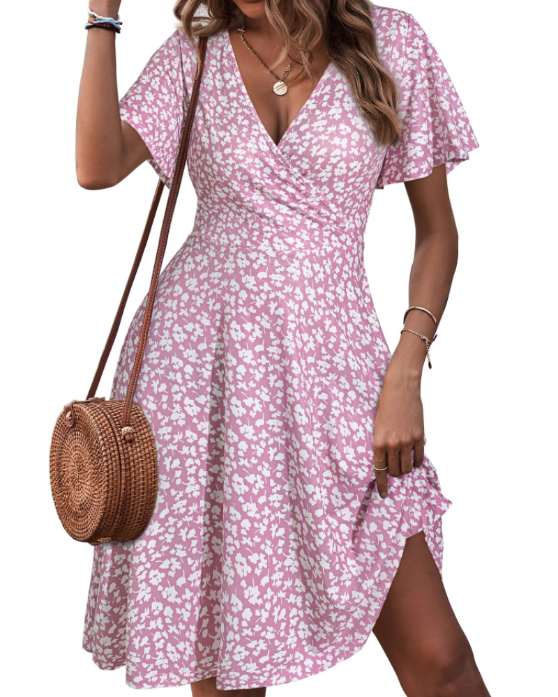 Women's floral wrap dress — V-neck a-line with ruffle sleeves for summer