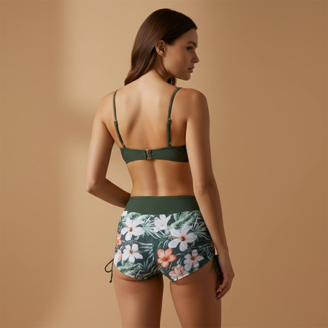 High-rise swimwear for women - active bikini top and floral shorts | poolside
