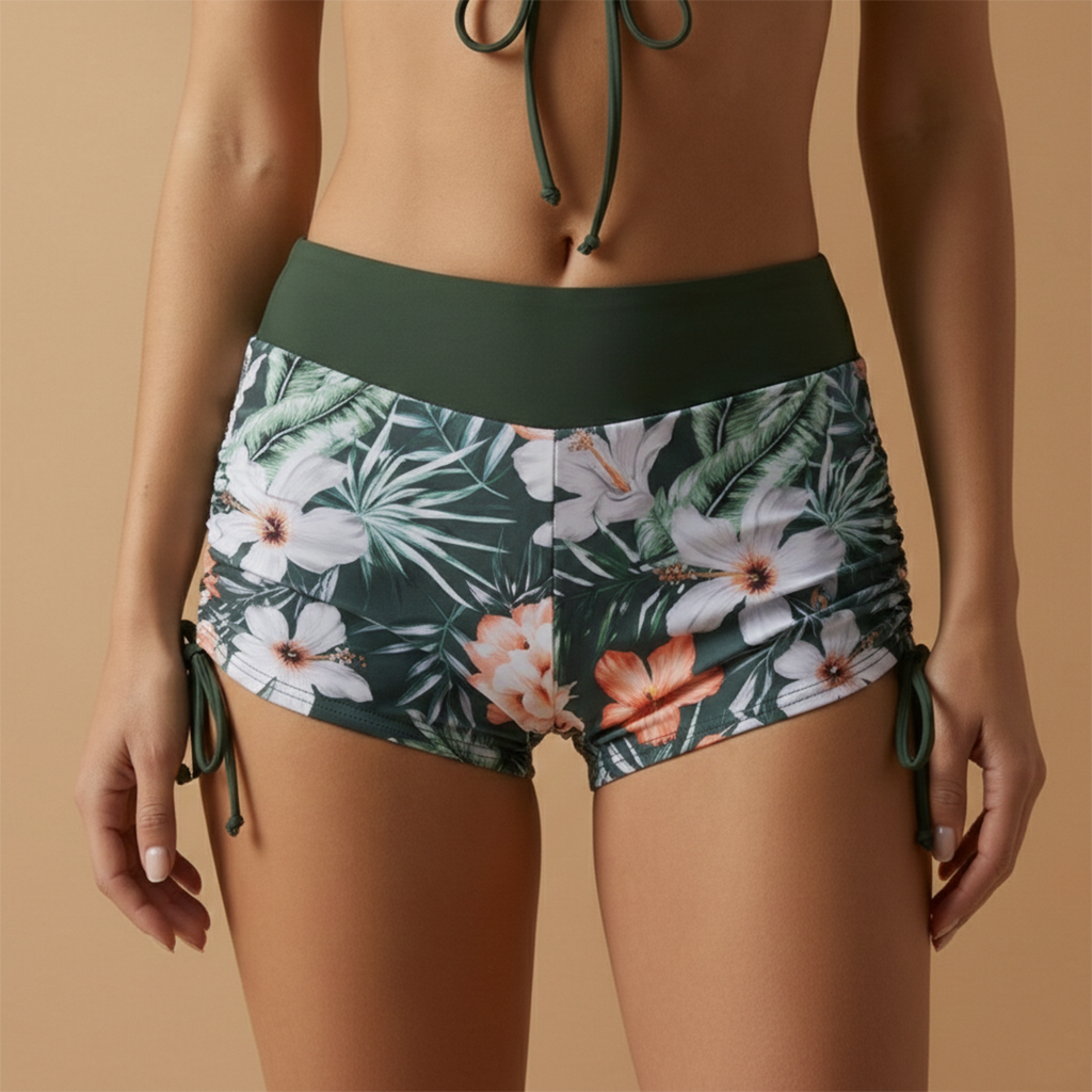High-rise swimwear for women - active bikini top and floral shorts | poolside