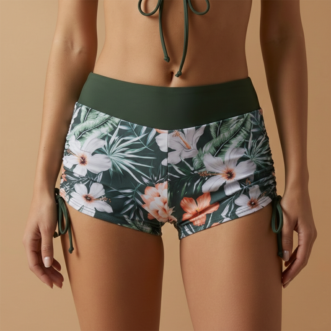 High-rise swimwear for women - active bikini top and floral shorts | poolside