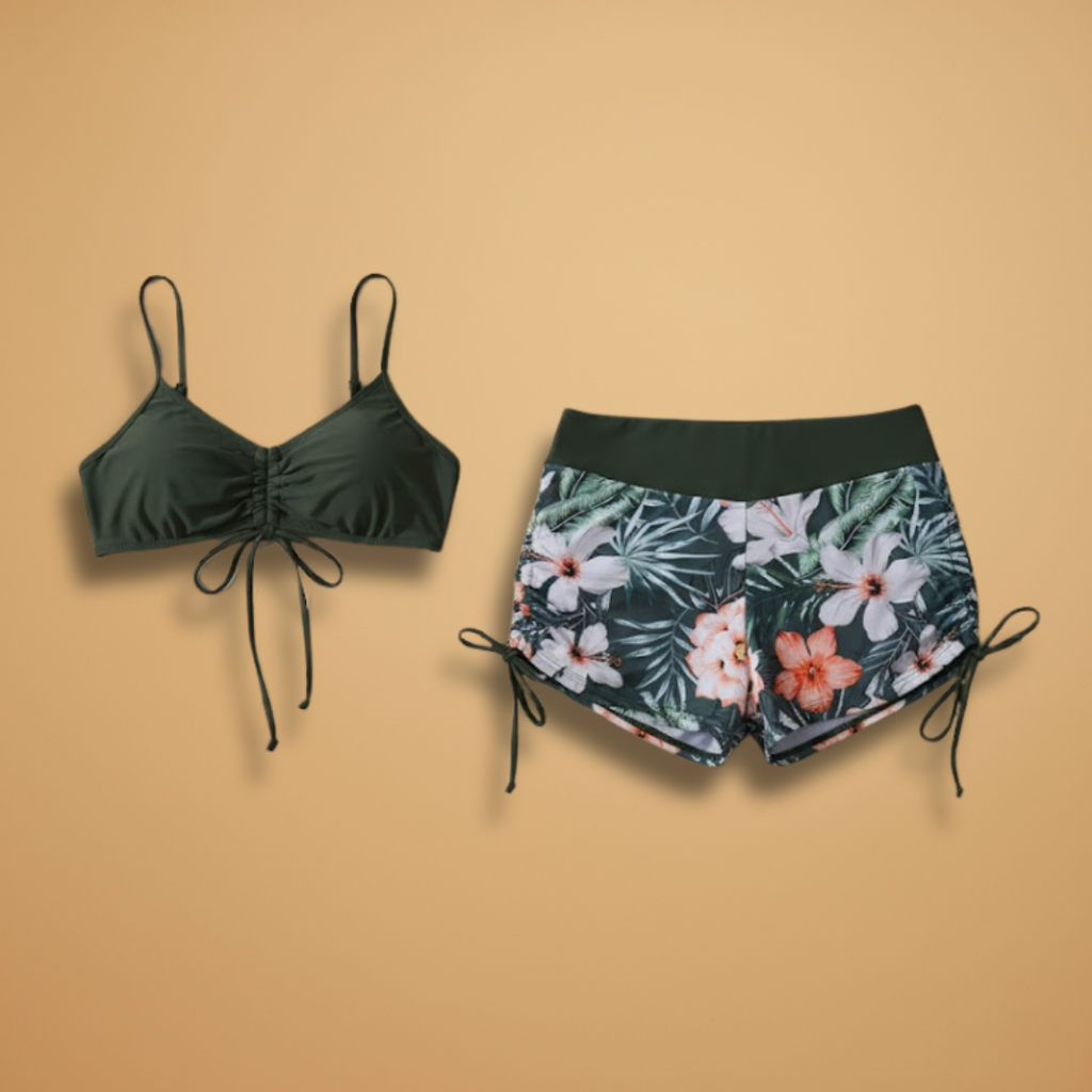 High-rise swimwear for women - active bikini top and floral shorts | poolside