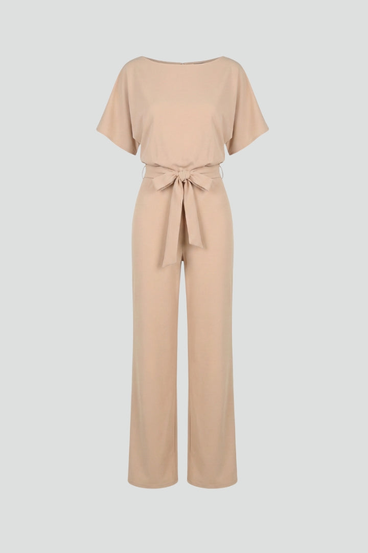 Women's wide-leg jumpsuit - round neck short sleeve tie waist clothing
