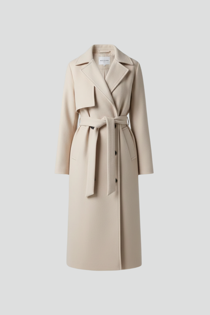 Women's Long Coat Wool Blend Double Breasted Belted Notch Collar Workwear