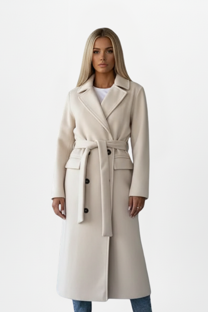 Women's Long Coat Wool Blend Double Breasted Belted Notch Collar Workwear