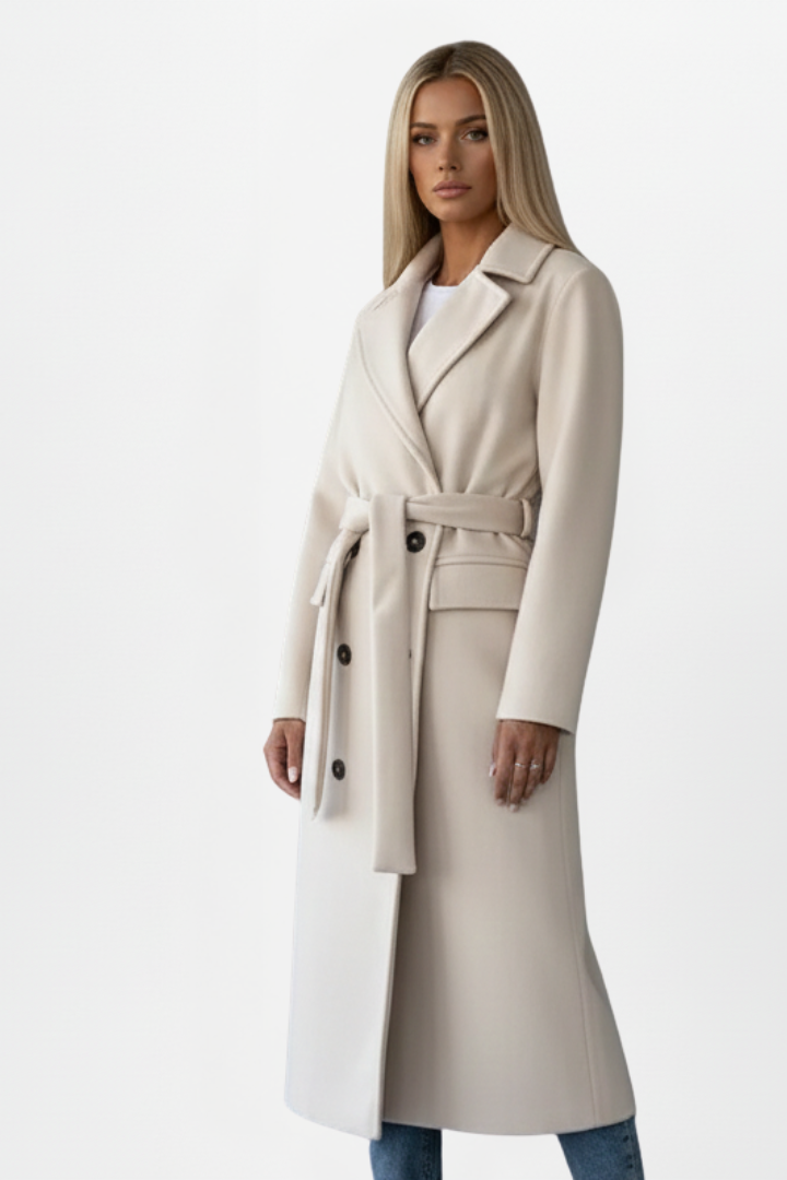Women's Long Coat Wool Blend Double Breasted Belted Notch Collar Workwear