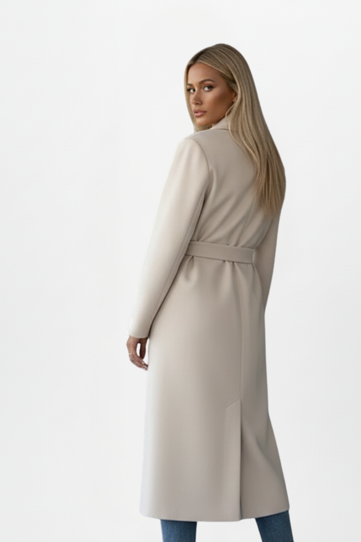 Women's Long Coat Wool Blend Double Breasted Belted Notch Collar Workwear