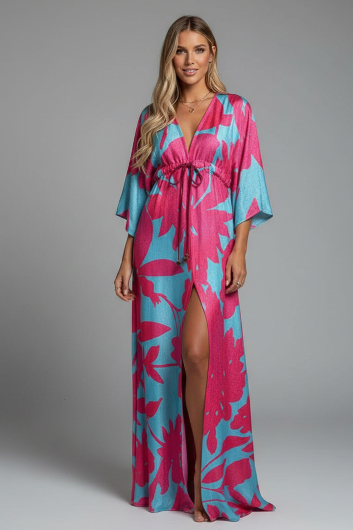 Women's printed dress - full-length  loose-fit batwing sleeve dress for cruise