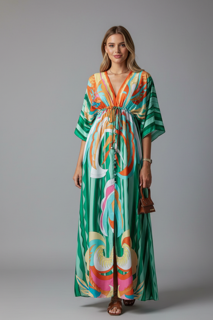 Women's printed dress - full-length  loose-fit batwing sleeve dress for cruise
