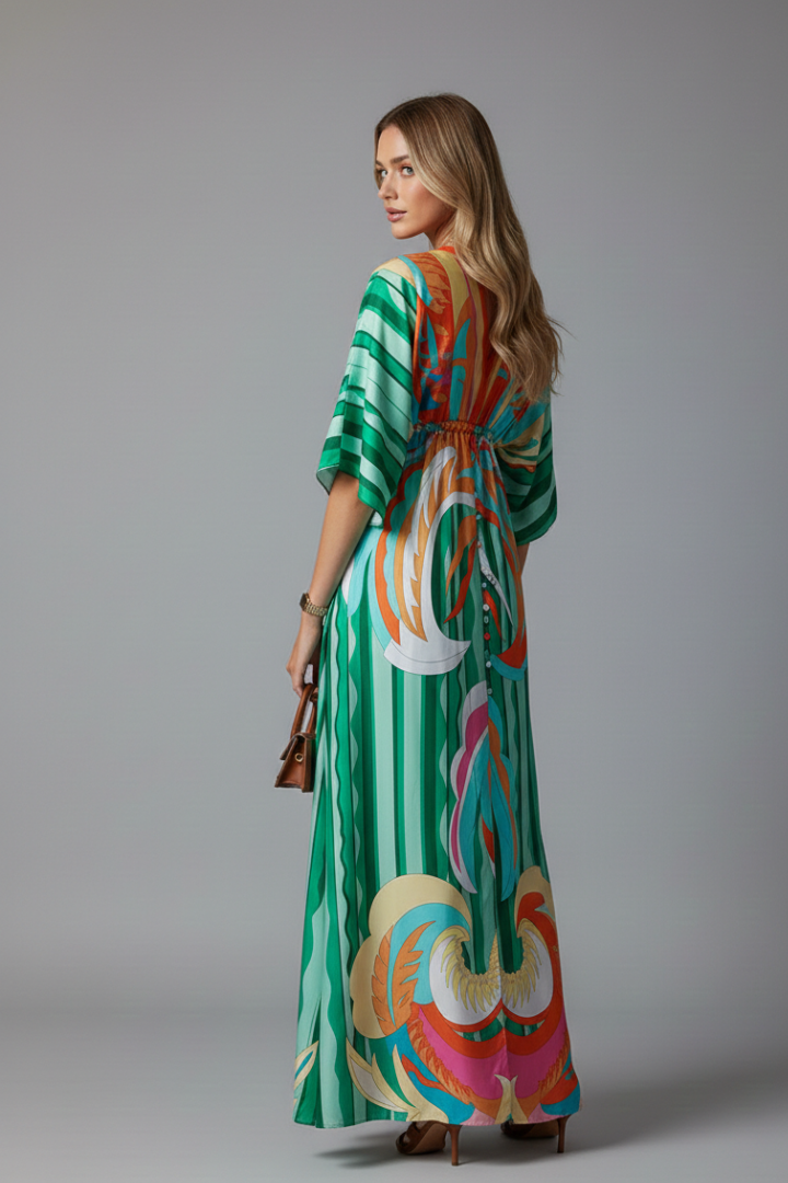 Women's printed dress - full-length  loose-fit batwing sleeve dress for cruise
