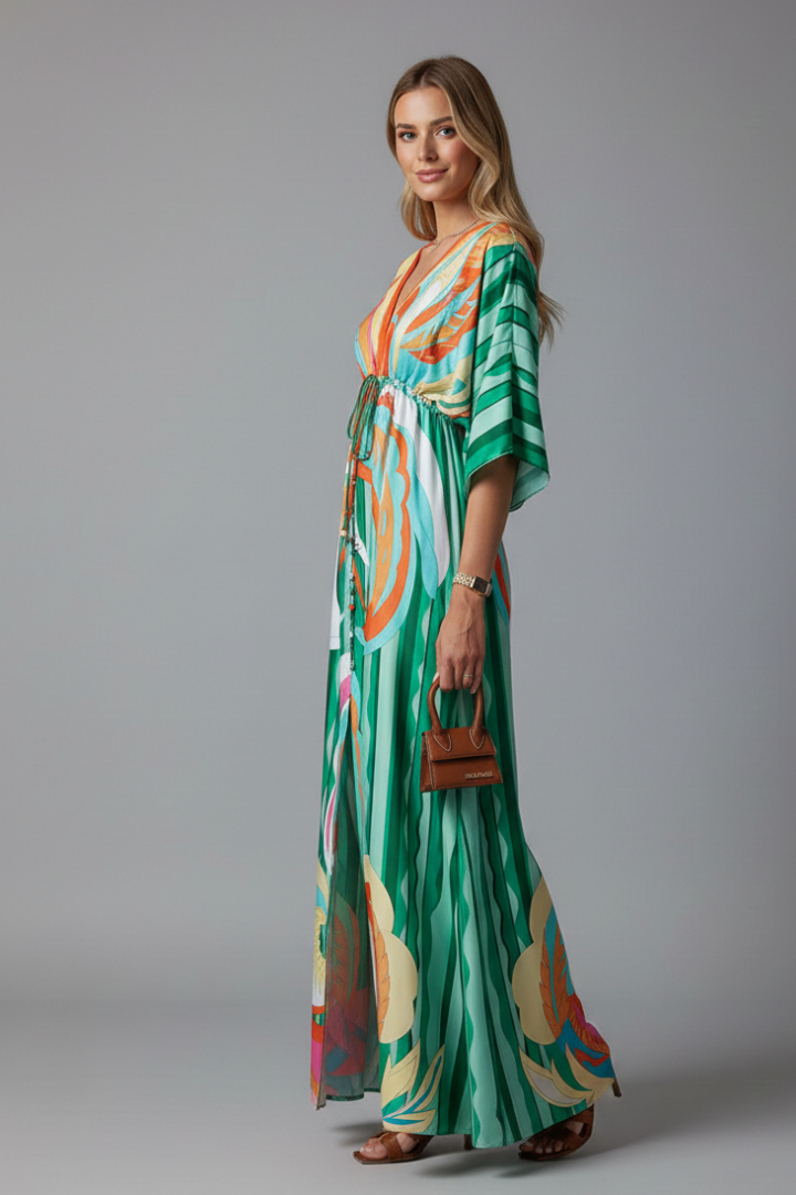 Women's printed dress - full-length  loose-fit batwing sleeve dress for cruise