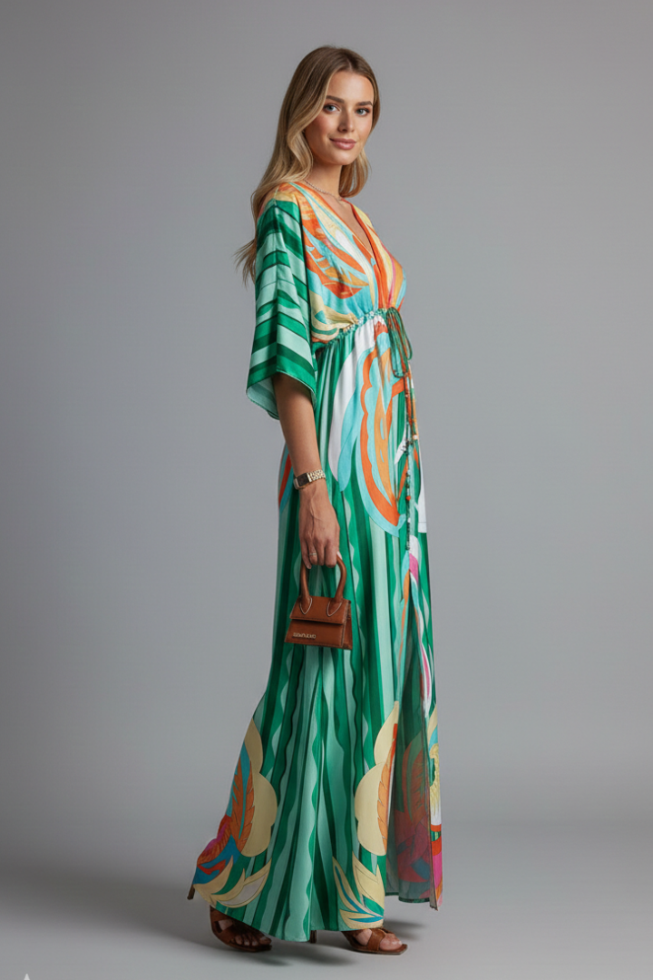 Women's printed dress - full-length  loose-fit batwing sleeve dress for cruise