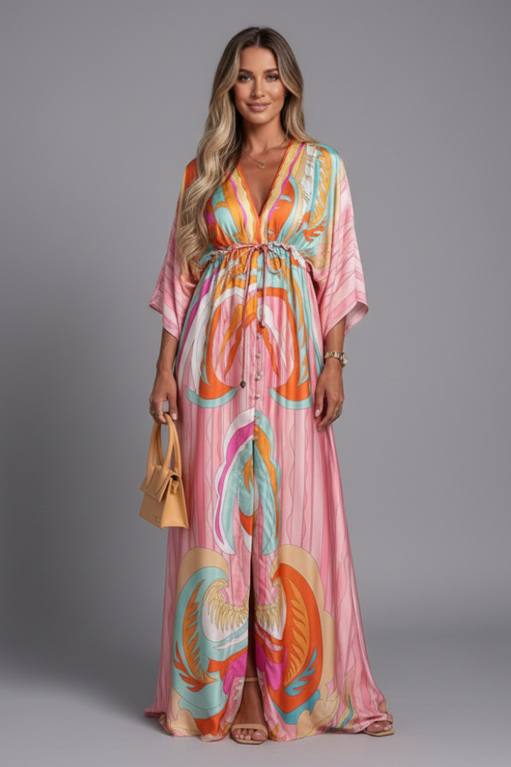 Women's printed dress - full-length  loose-fit batwing sleeve dress for cruise