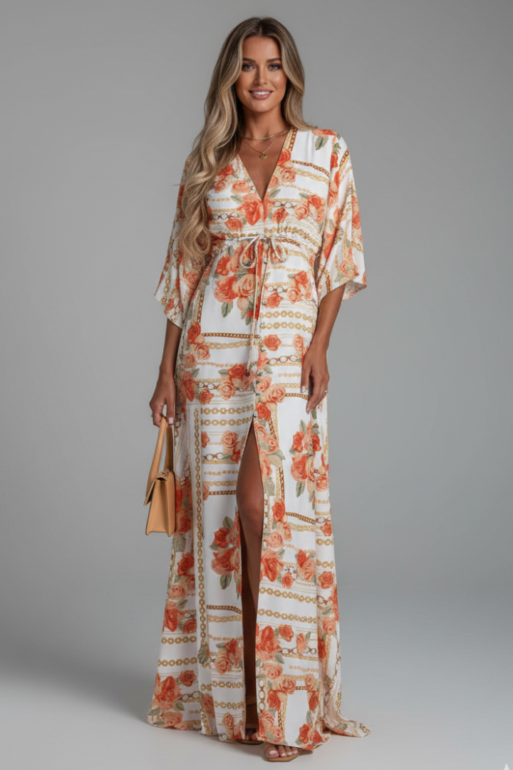 Women's printed dress - full-length  loose-fit batwing sleeve dress for cruise