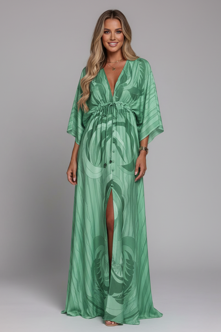 Women's printed dress - full-length  loose-fit batwing sleeve dress for cruise
