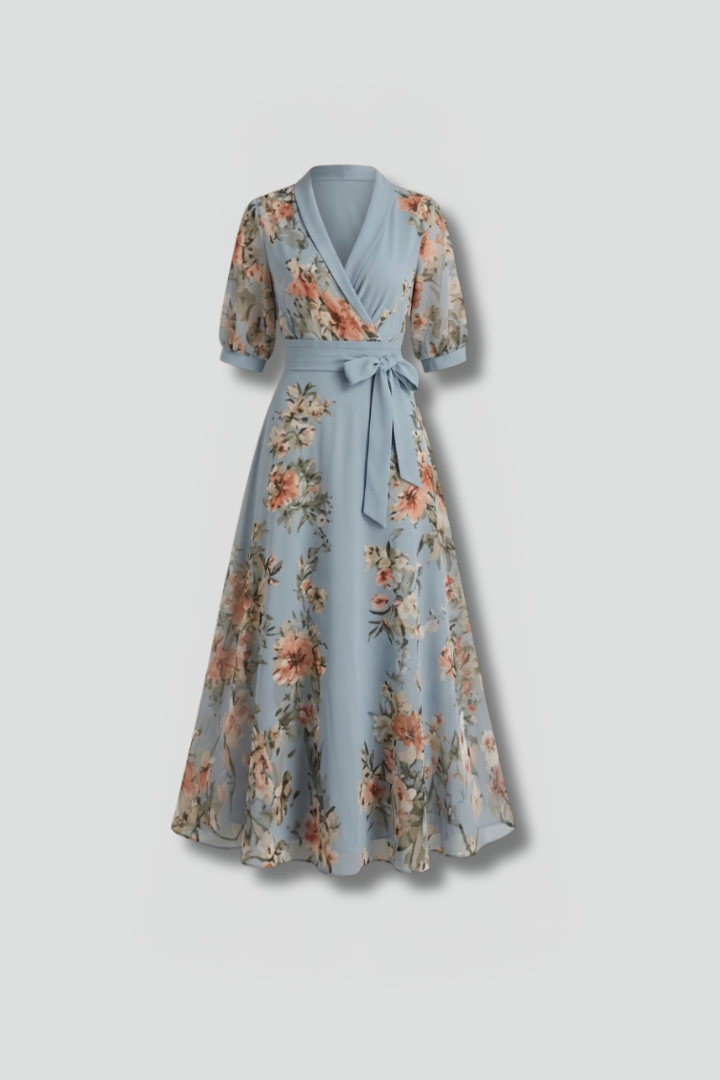 Women's floral pattern dress - short sleeve stretch midi length dress
