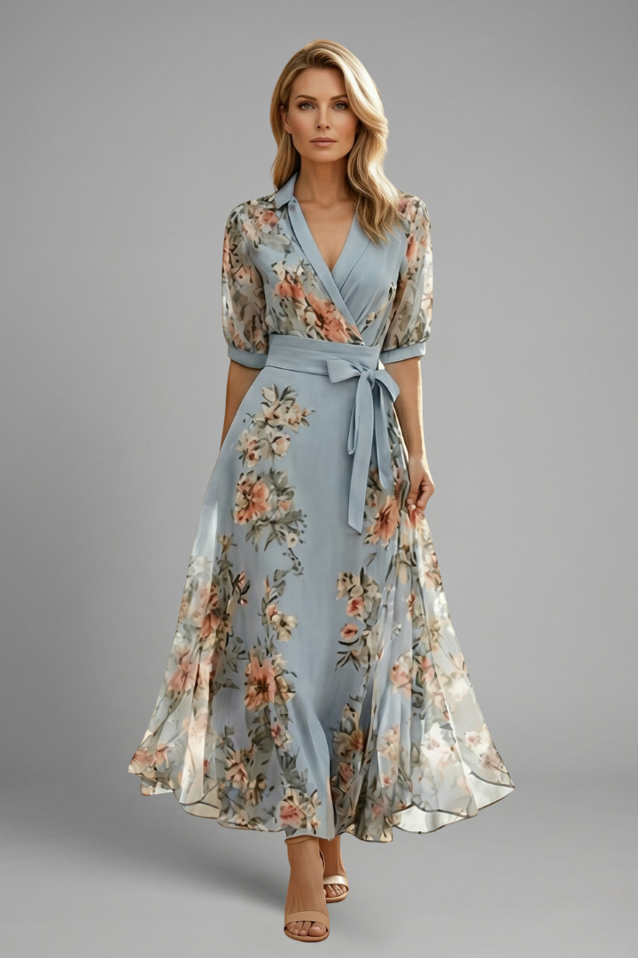 Women's floral pattern dress - short sleeve stretch midi length dress