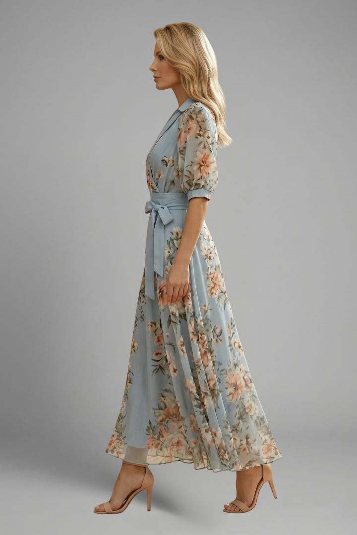 Women's floral pattern dress - short sleeve stretch midi length dress