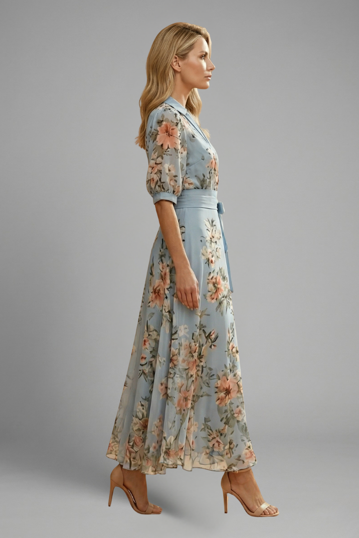 Women's floral pattern dress - short sleeve stretch midi length dress