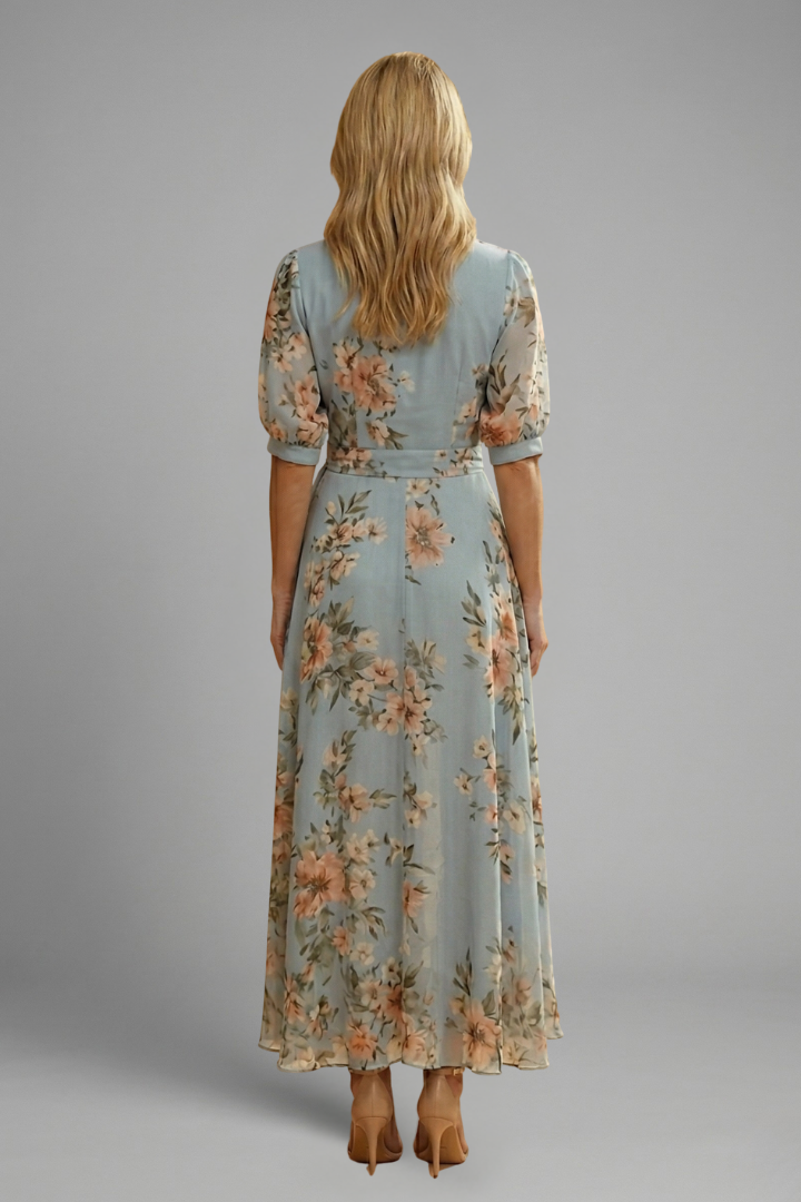 Women's floral pattern dress - short sleeve stretch midi length dress