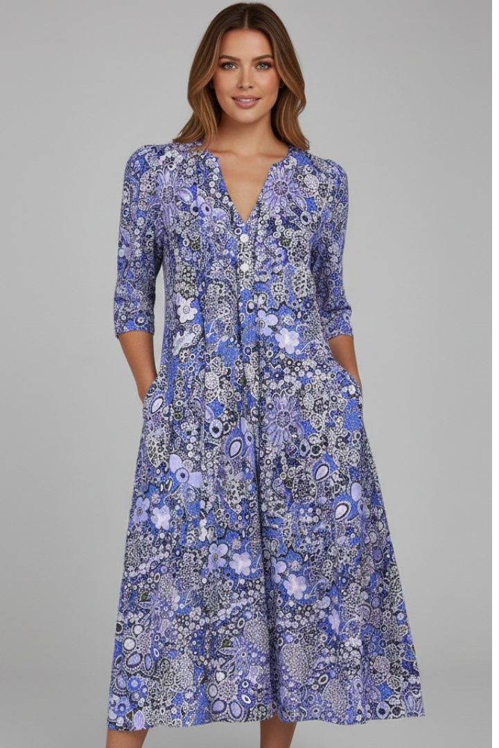 Women's printed dress - pullover three-quarter sleeve midi length dress for pool