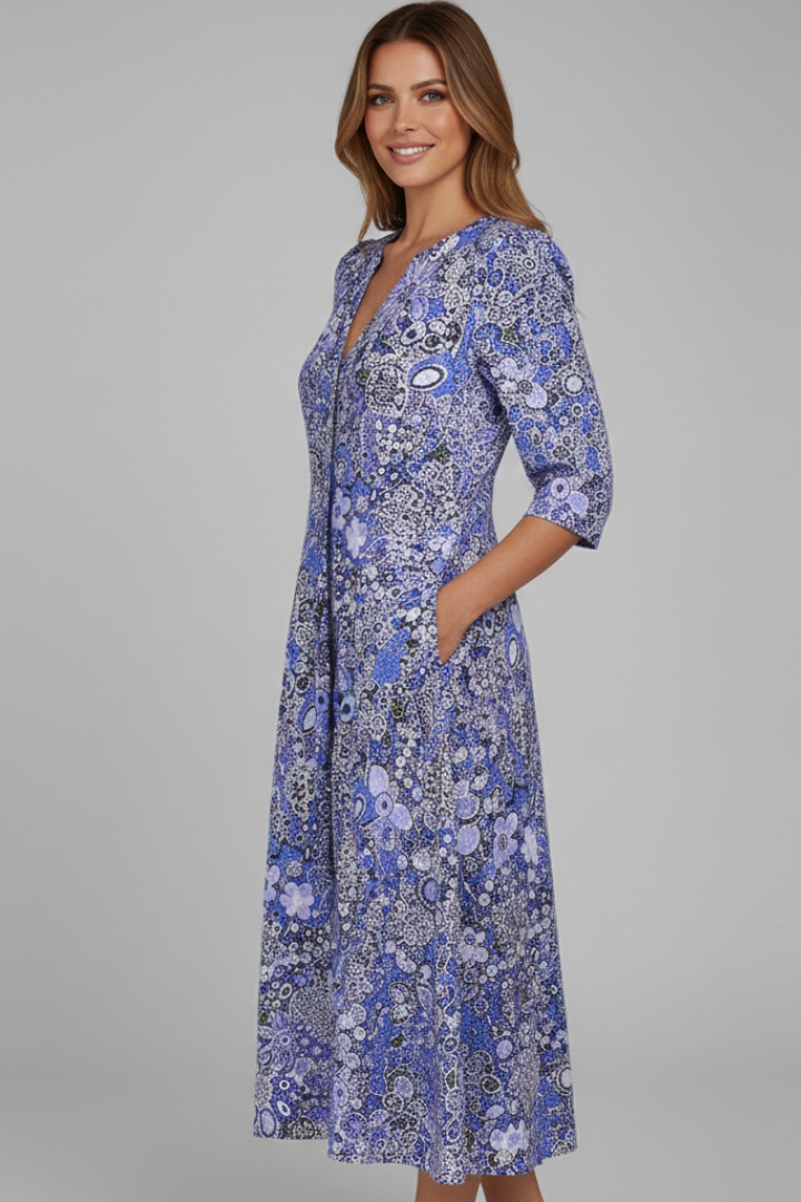 Women's printed dress - pullover three-quarter sleeve midi length dress for pool