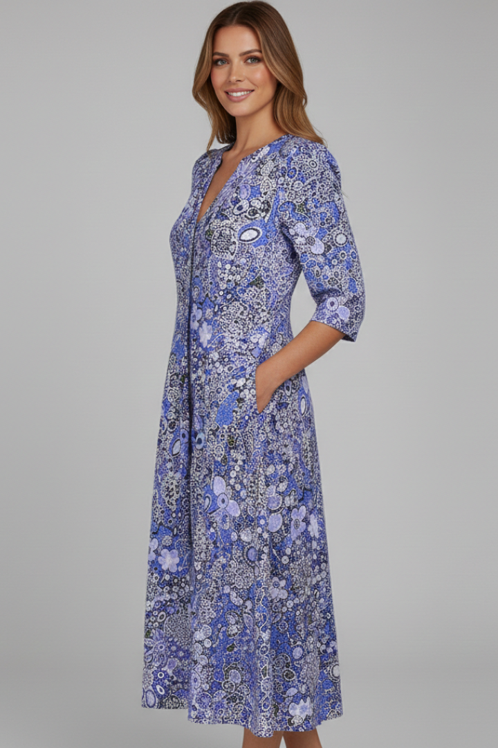 Women's printed dress - pullover three-quarter sleeve midi length dress for pool