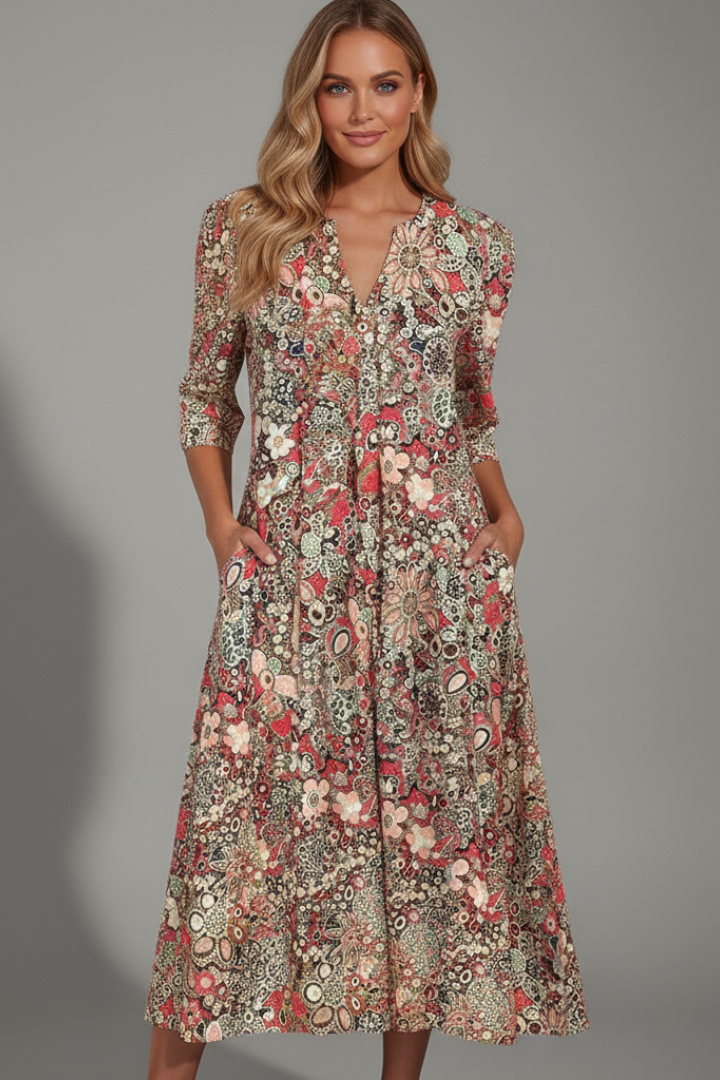 Women's printed dress - pullover three-quarter sleeve midi length dress for pool