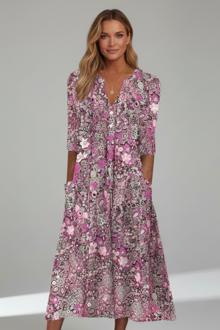 Women's printed dress - pullover three-quarter sleeve midi length dress for pool