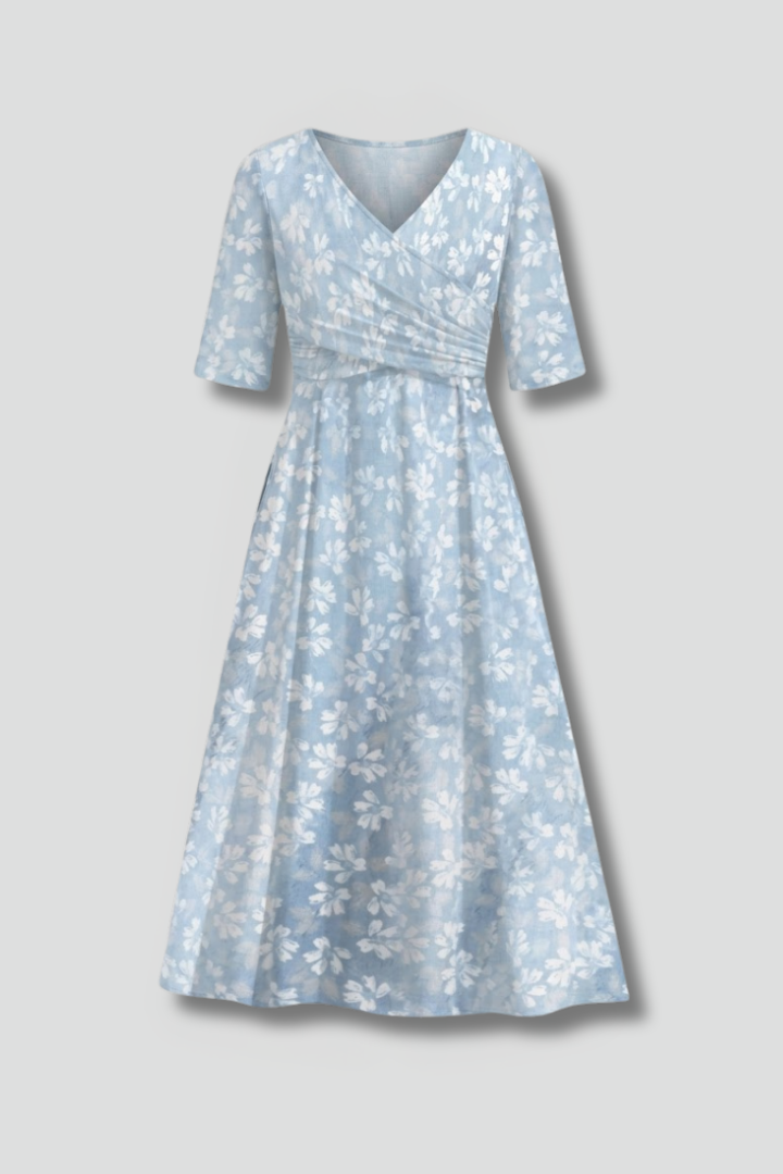 Women's V-neck dress - straight short sleeve relaxed waist midi dress for travel