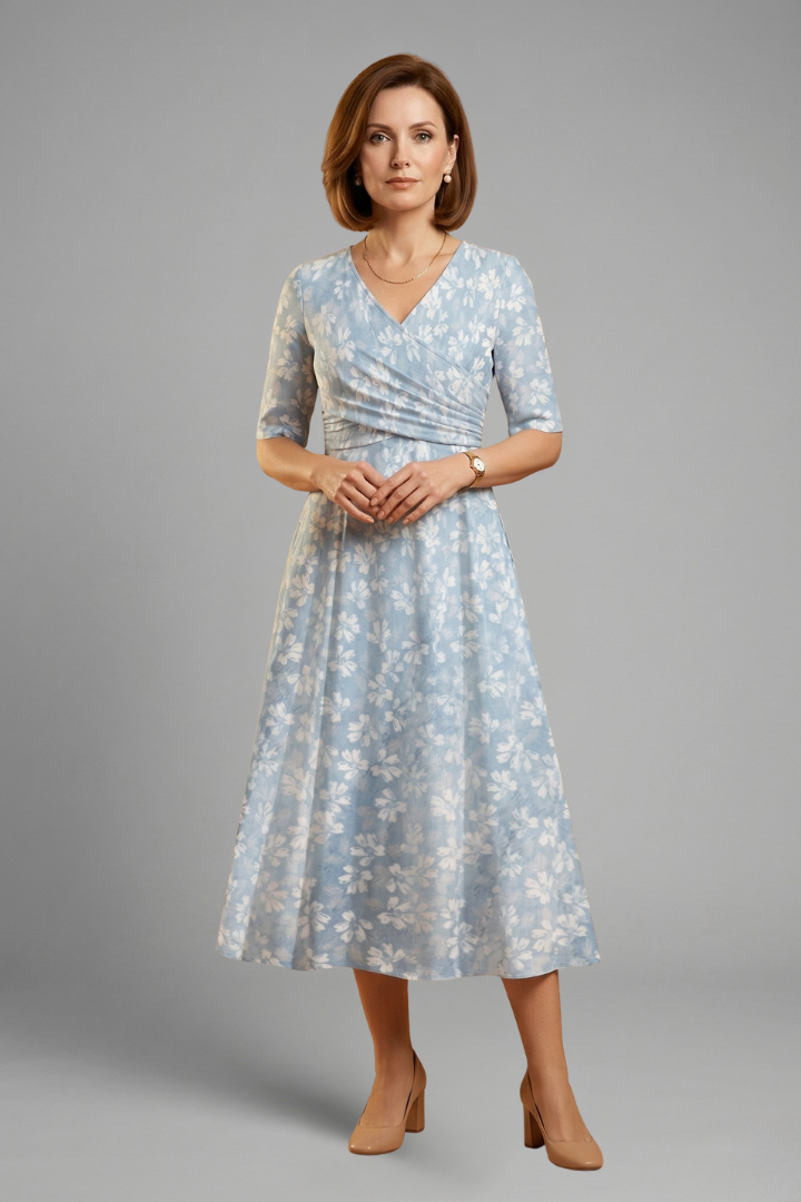 Women's V-neck dress - straight short sleeve relaxed waist midi dress for travel