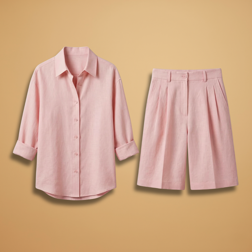 Women's casual shirt and shorts set - long sleeve pleated two piece | travel