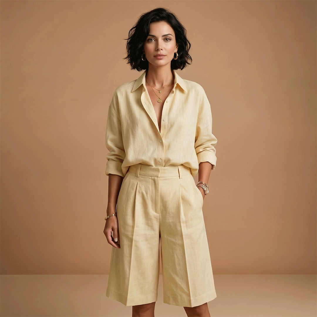 Women's casual shirt and shorts set - long sleeve pleated two piece | travel