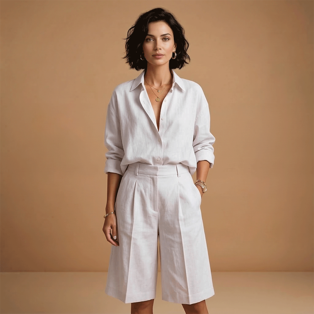 Women's casual shirt and shorts set - long sleeve pleated two piece | travel