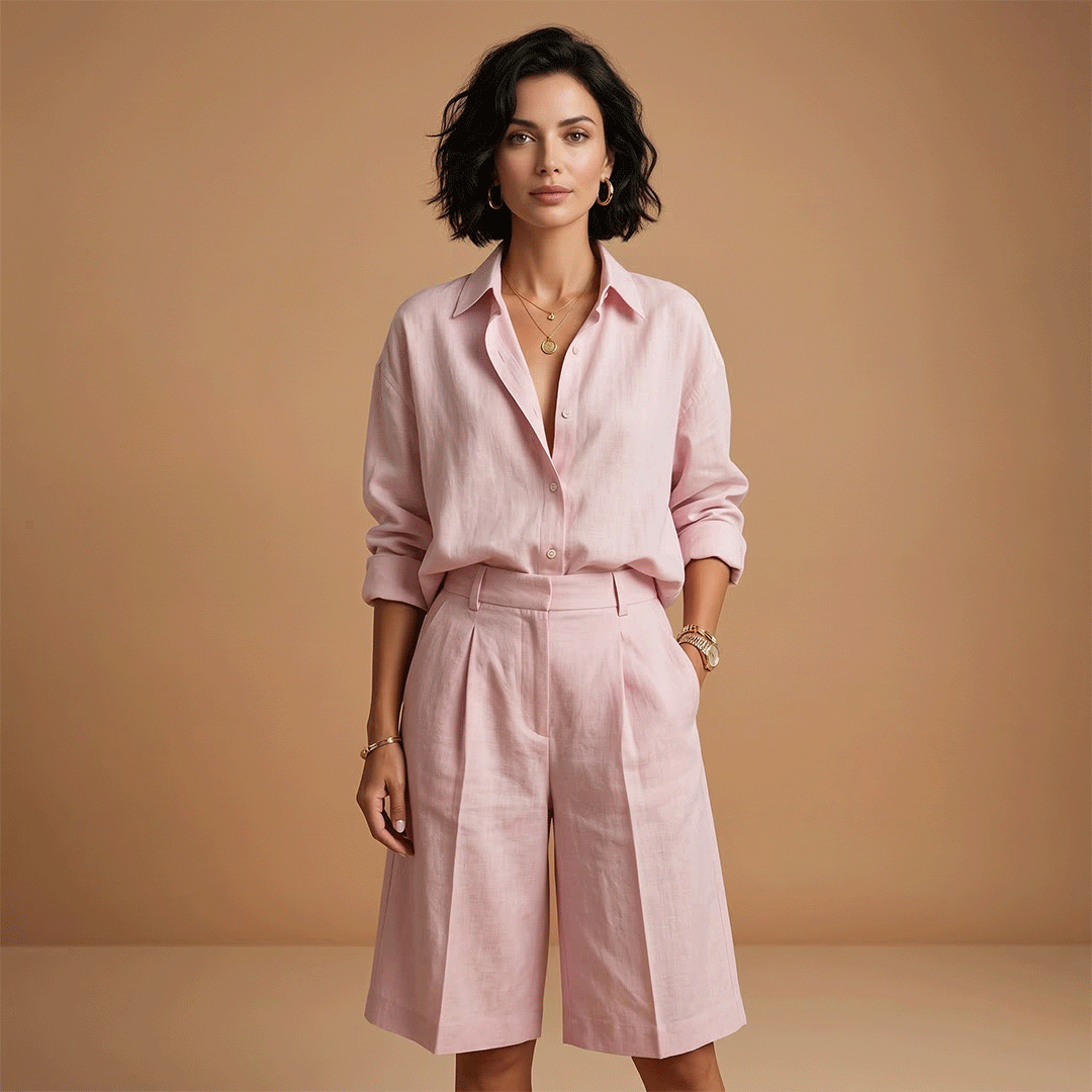 Women's casual shirt and shorts set - long sleeve pleated two piece | travel