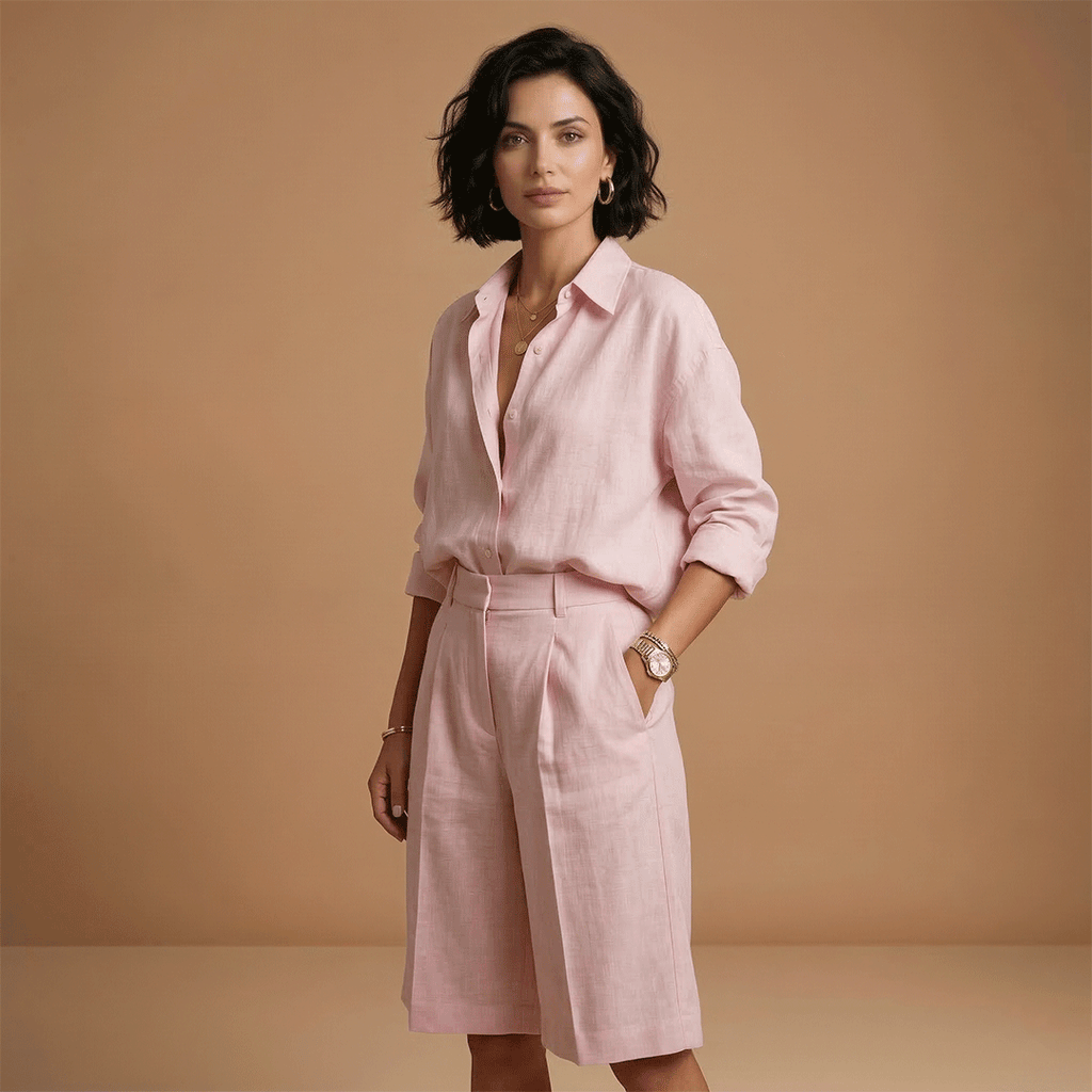 Women's casual shirt and shorts set - long sleeve pleated two piece | travel