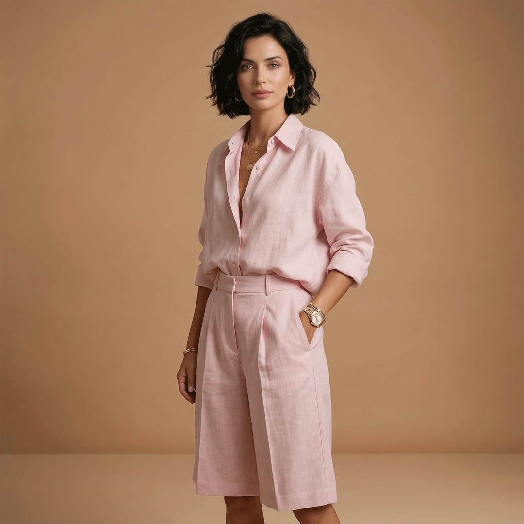 Women's casual shirt and shorts set - long sleeve pleated two piece | travel