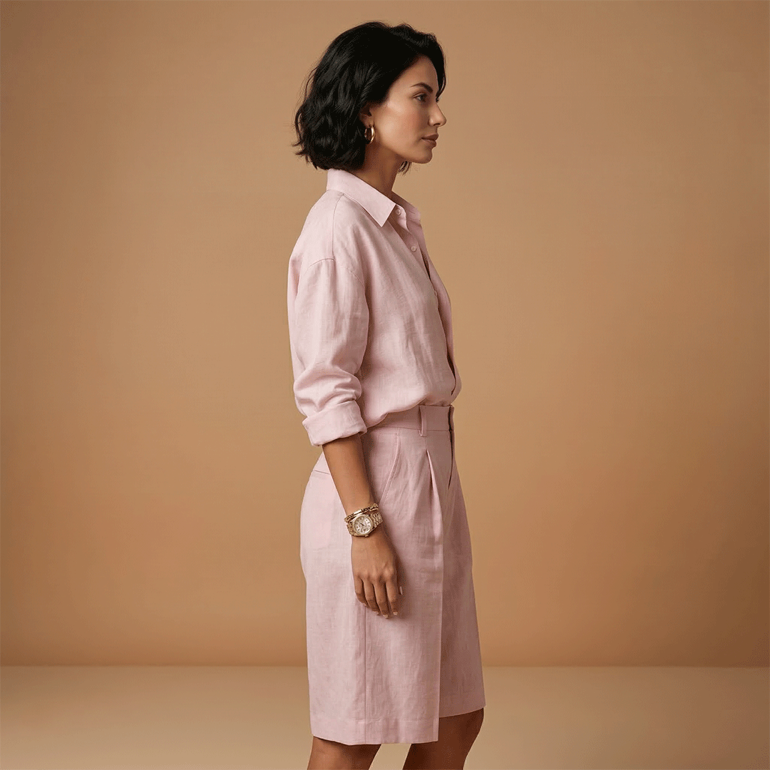 Women's casual shirt and shorts set - long sleeve pleated two piece | travel