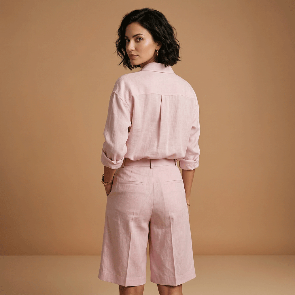 Women's casual shirt and shorts set - long sleeve pleated two piece | travel