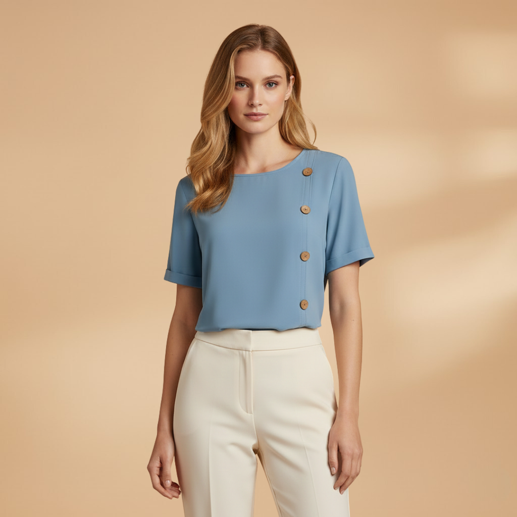 Women's casual top - loose-fitting short sleeve blouse with side details | travel