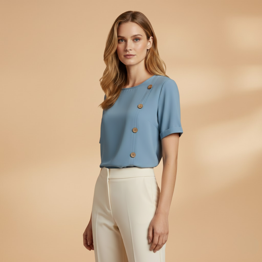 Women's casual top - loose-fitting short sleeve blouse with side details | travel