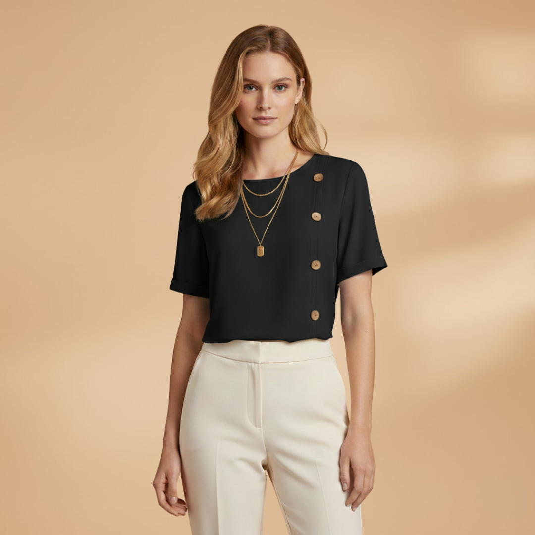 Women's casual top - loose-fitting short sleeve blouse with side details | travel