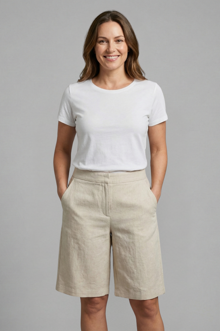 Women's linen bermuda shorts - elastic waist straight leg pocketed shorts for resort