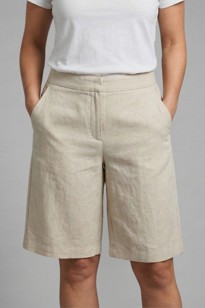 Women's linen bermuda shorts - elastic waist straight leg pocketed shorts for resort
