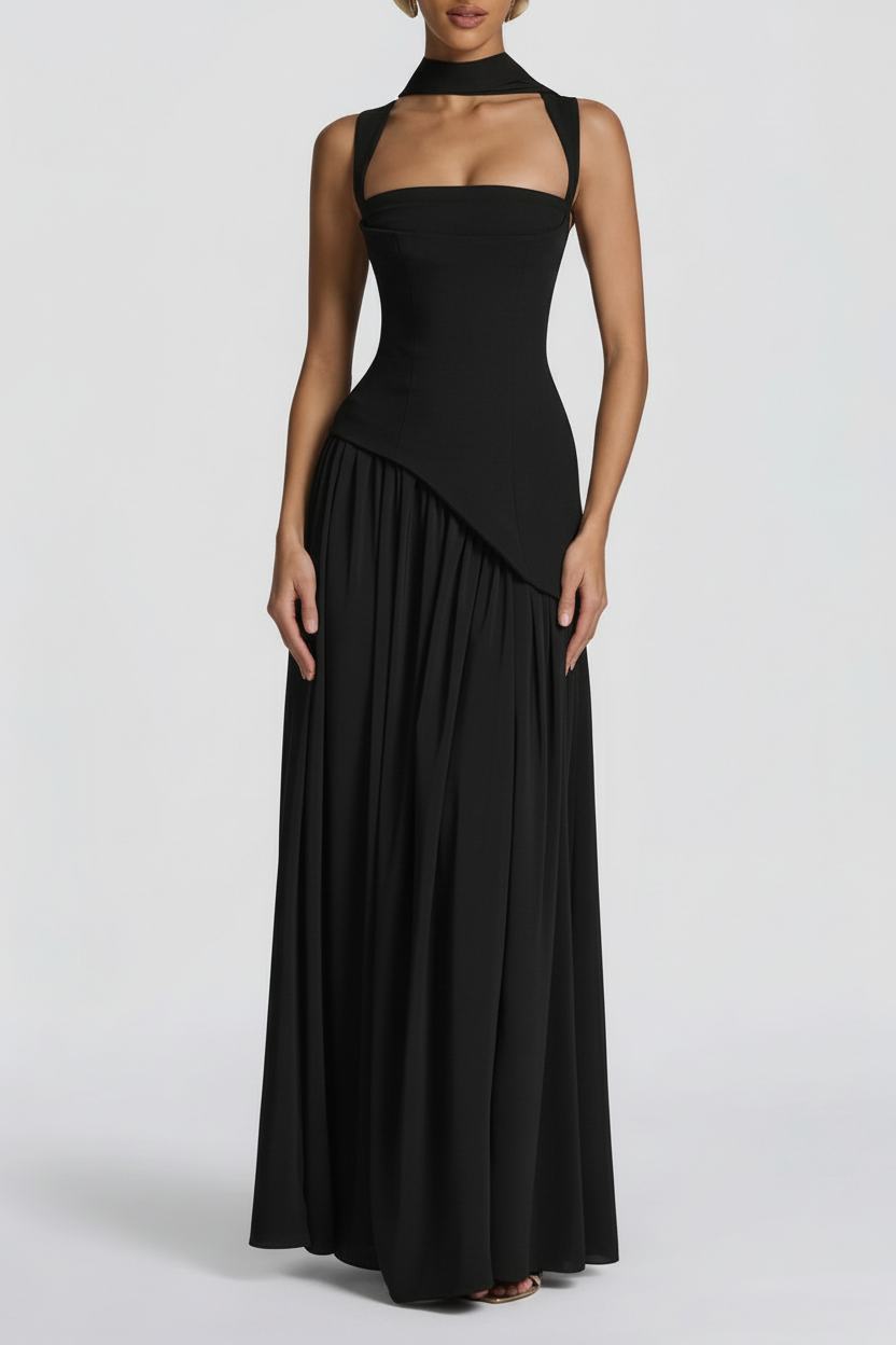 Square Neck Maxi Dress High Slit Asymmetric Hem Pleated Skirt Formal Choker Gown