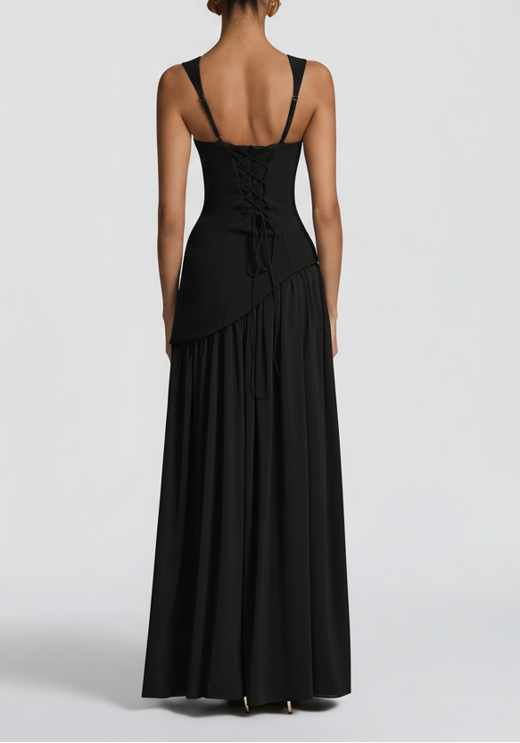 Square Neck Maxi Dress High Slit Asymmetric Hem Pleated Skirt Formal Choker Gown