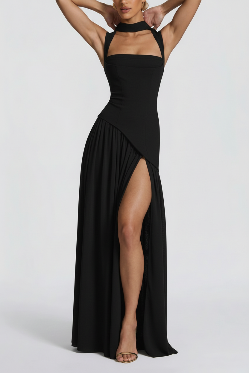 Square Neck Maxi Dress High Slit Asymmetric Hem Pleated Skirt Formal Choker Gown