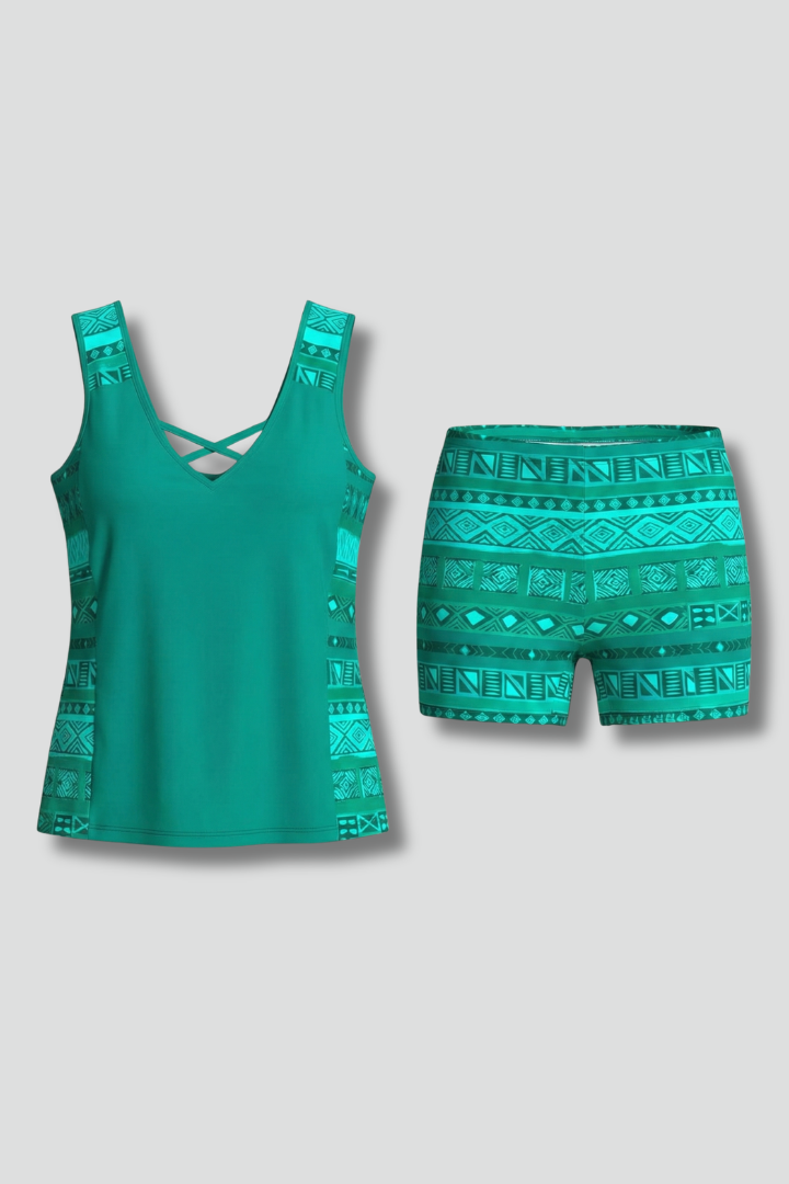 Women's two-piece tankini - sleeveless v-neck geometric print bathing suit